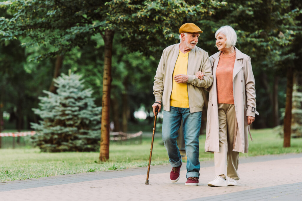 Pareja de ancianos pasea en el parque tomados del brazo