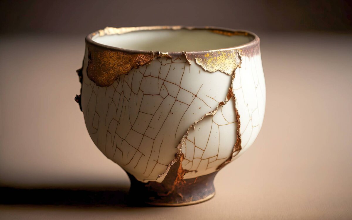 Pièce avec des fissures réparées en or grâce au kintsugi
