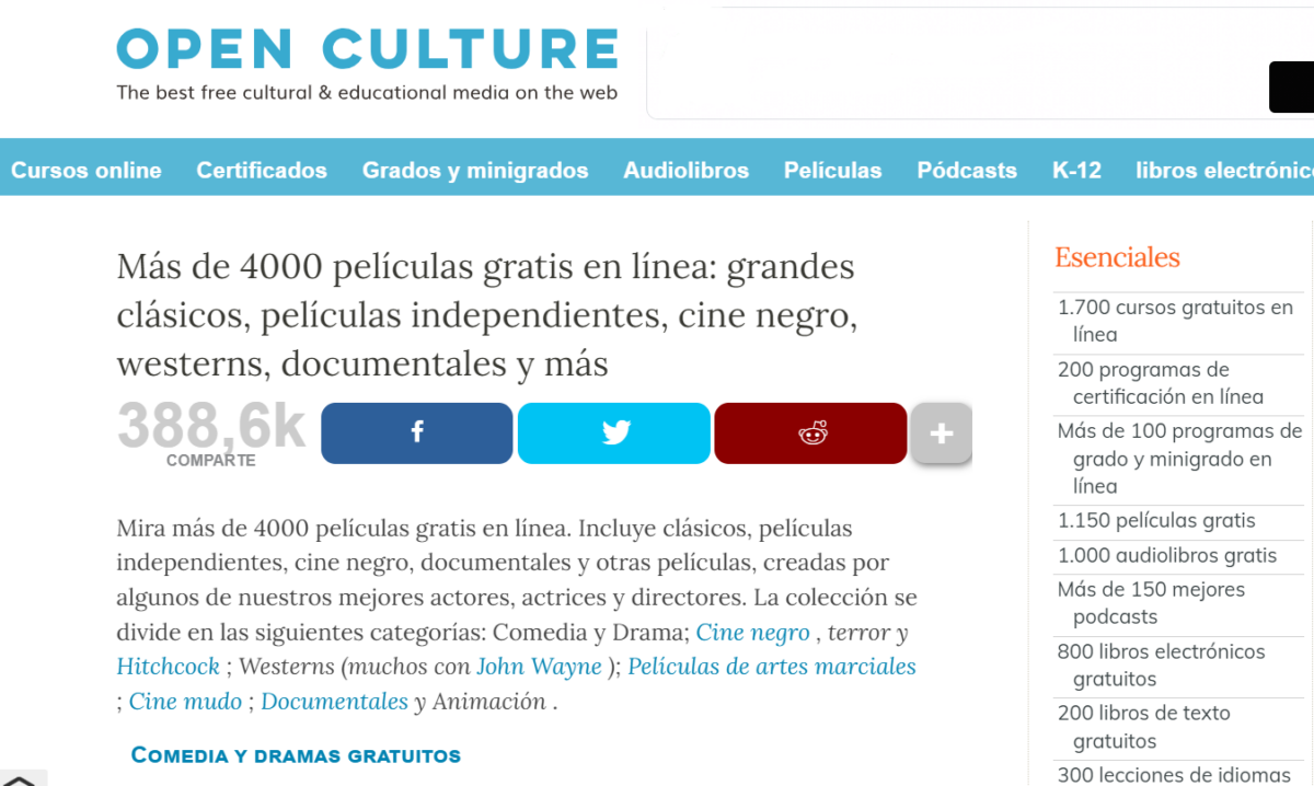 Open Culture, páginas para ver películas gratis.