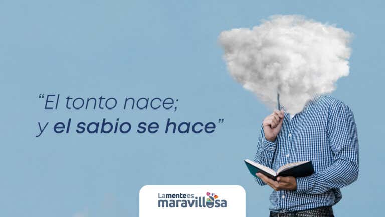 Cuerpo de hombre con la cabeza cubierta con una nube y una libreta en las manos simbolizando uno de los refranes españoles sobre la enseñanza