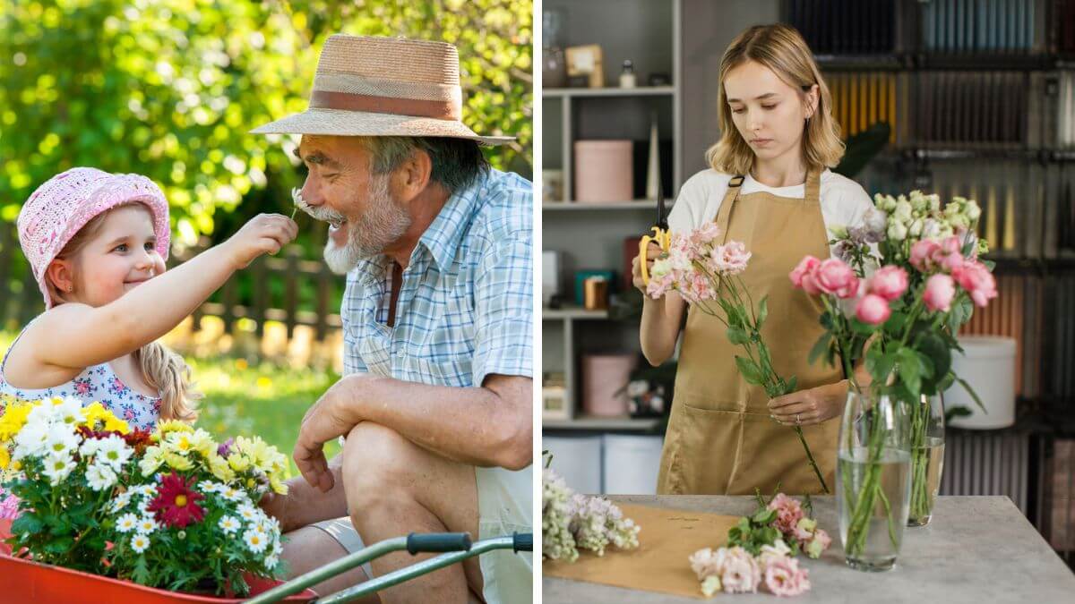 À esquerda uma menina pequena e um avô no jardim e à direita uma mulher corpulenta cortando flores.