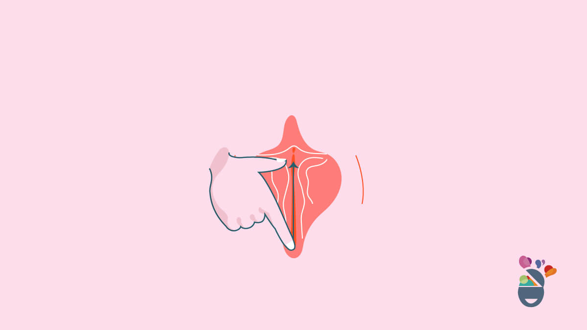 Mano con flecha en la vulva que indica dirección de caricia extensa para masturbación femenina.