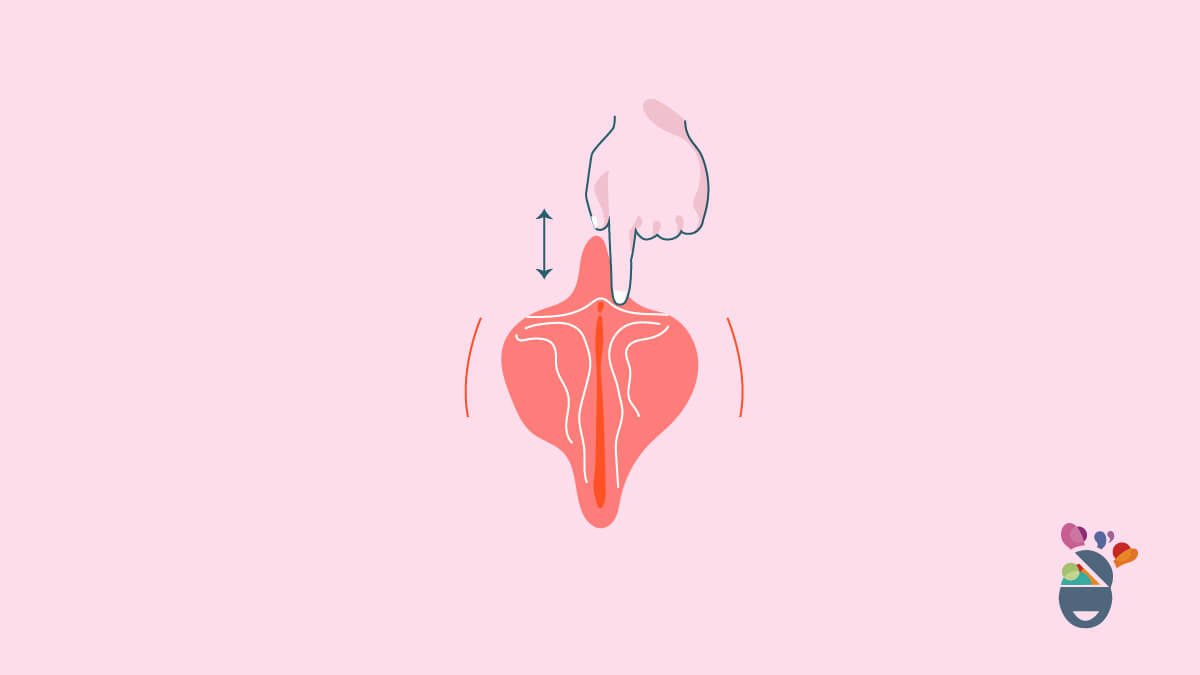 Mano con flecha en la vulva que indica movimientos verticales, de arriba hacia abajo, para masturbación femenina.