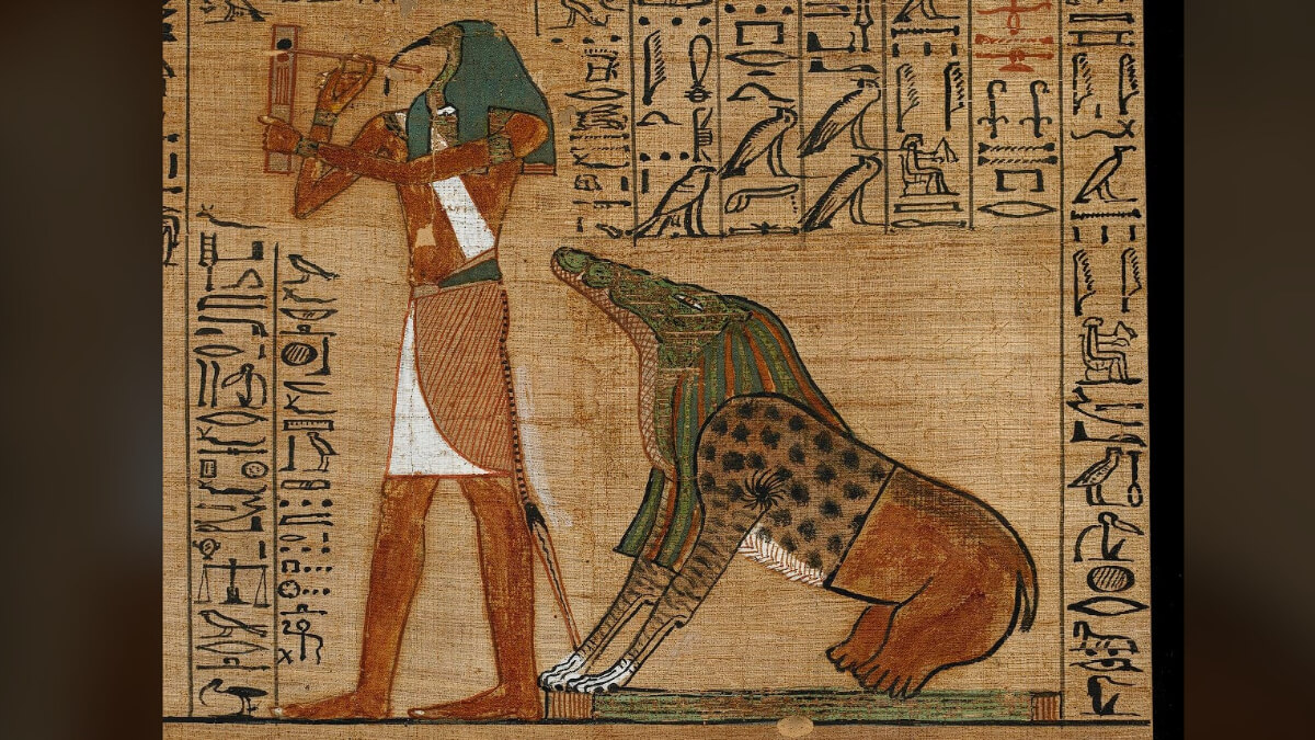 Schilderij van de god Thoth en de godin Ammit