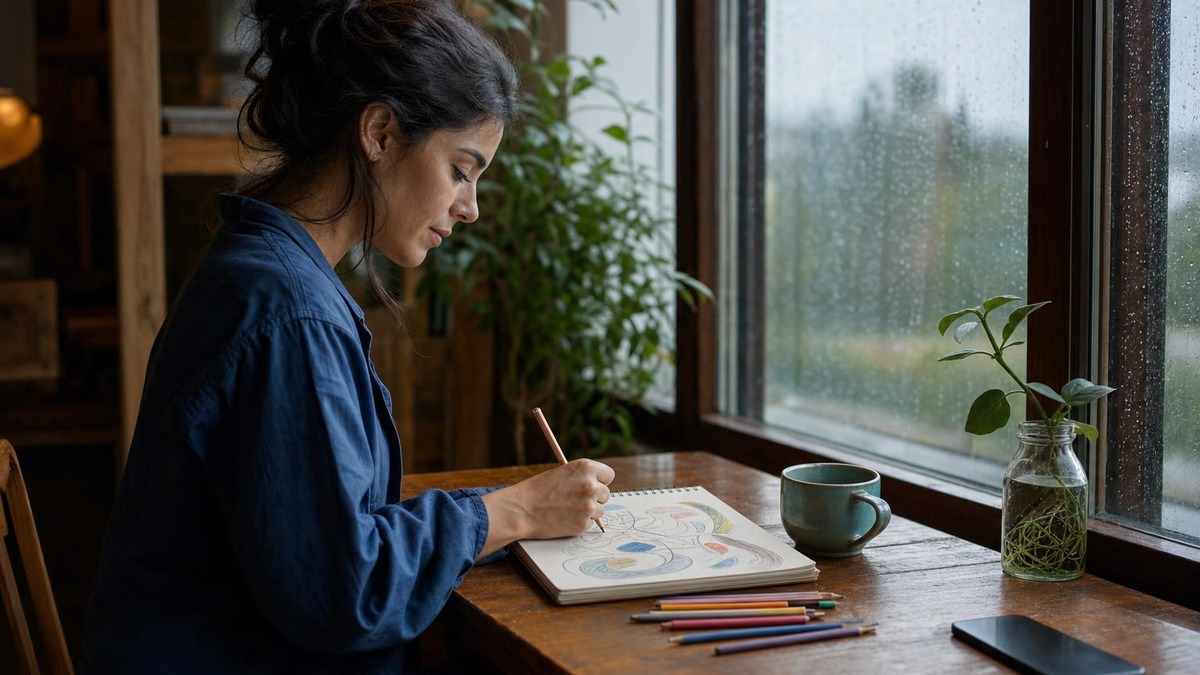Una mujer dibuja en un cuaderno junto a una ventana durante una tarde lluviosa