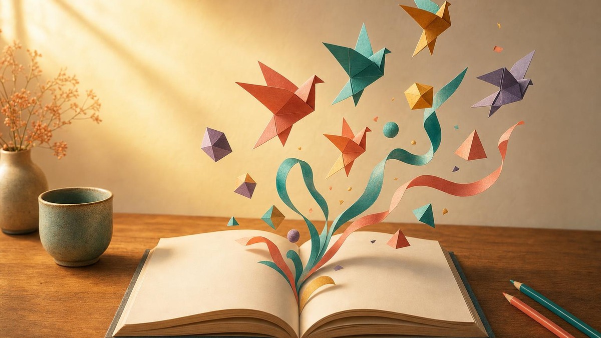 Cuaderno abierto del que surgen pájaros de papel, cintas y formas geométricas de colores