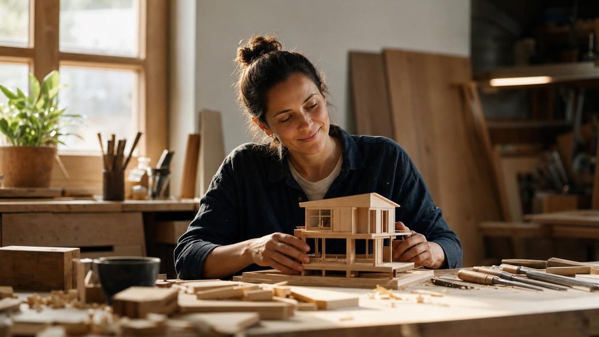 Persona contempla una maqueta terminada después de trabajar en un taller