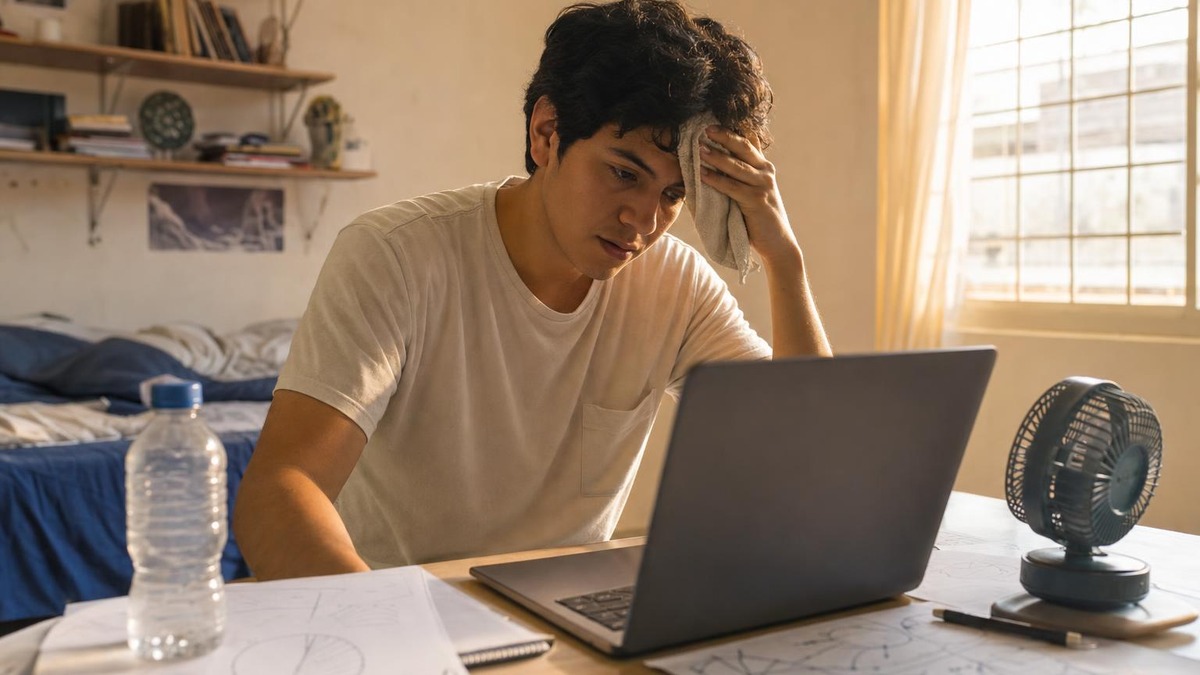 Un estudiante intenta concentrarse frente al portátil mientras se seca el sudor en una habitación calurosa
