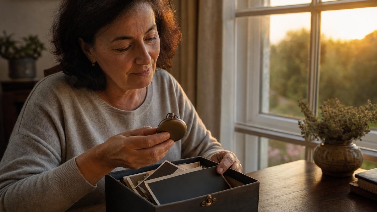 Mujer contempla una caja de recuerdos y un reloj de bolsillo junto a una ventana