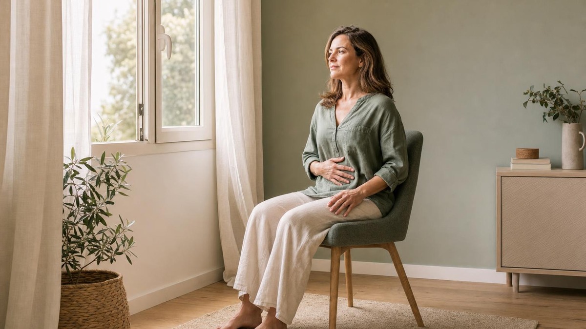 Una mujer sentada junto a una ventana observa su respiración con una mano sobre el abdomen