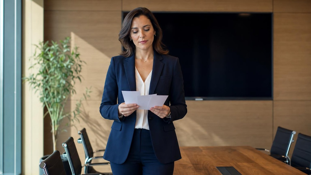 Profesional respira con calma mientras repasa sus notas antes de una presentación